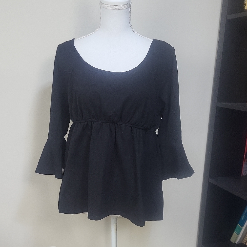 eSHAKTI Black Cotton Wide Rounded Neck Elastic Empire Waist Ruffle Sleeve Top